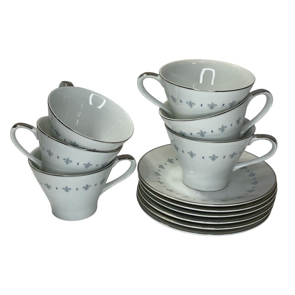 Set of 6 Mikasa‎ Blue Elegance Cups and Saucers 6223 Fine China Yamato Japan
